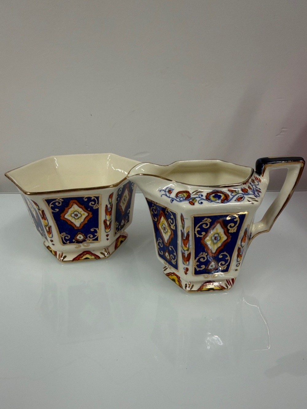 Vintage Gibsons Cream Porcelain Creamer and Sugar Bowl with Blue and Gold Panels
